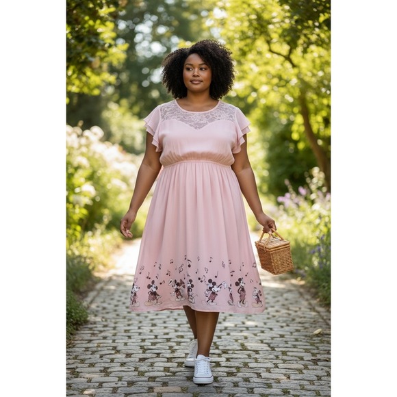 Disney Dresses & Skirts - Torrid Disney Mickey Minnie Mouse Lace Yoke Flutter Sleeve Midi Dress Plus 2 2X